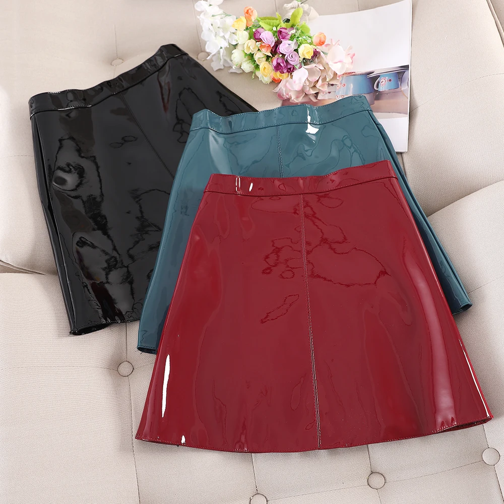 Women\'s Short Faux PU Leather Skirt, Female Mini Skirts, Korean Fashion, Bright, A-Line, 7 Colors, Autumn, Winter