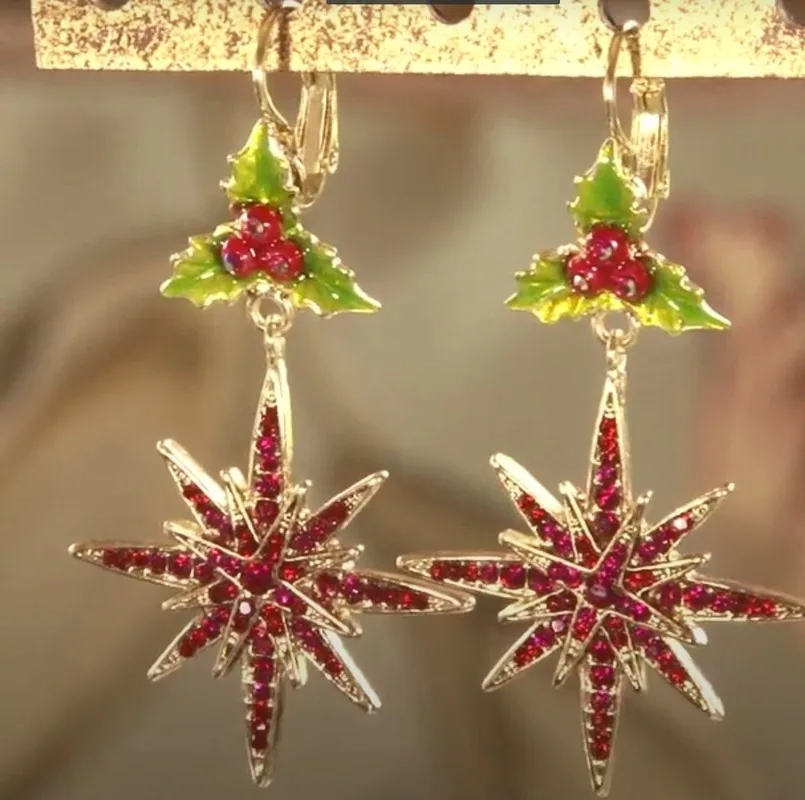 2020 Wholesale Star of Wonder Holly Berry Christmas Jewelry for Women Girl Gift Fun Leaf Earrings