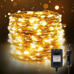 Luces de hadas de alambre plateado/Cobre para Navidad, cadena de luces LED con interruptor para fiesta, hogar, boda, Año Nuevo, decoración del árbol de Navidad