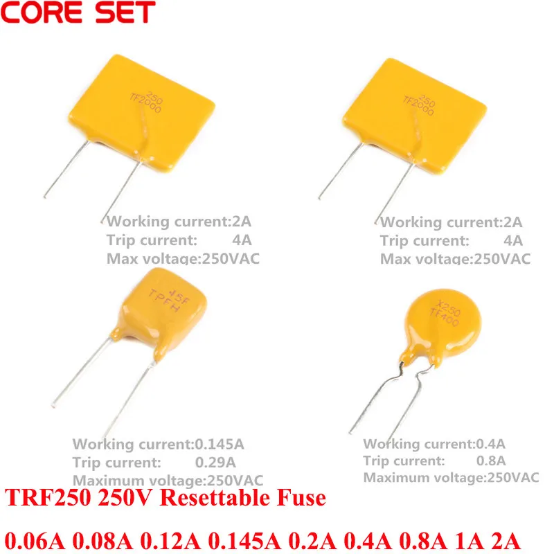 10PCS PPTC TRF250 Resettable Fuse TRF250-2000 250V 0.06A 0.08A 0.12A 0.145A 0.2A 0.4A 0.8A 1A 2A 2000MA Pitch 10mm TRF250-060