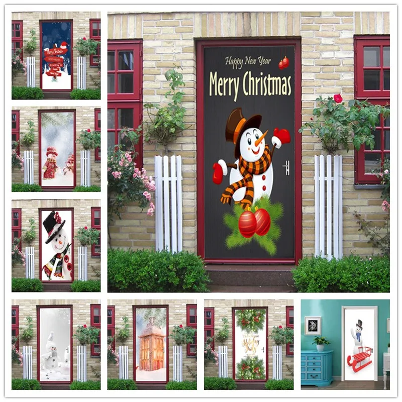 Merry Christmas Door Sticker DIY Vinyl Mural For Living Room Snowman Xmas Wall Decoration Bedroom Corridor Mural Home Decor 2022