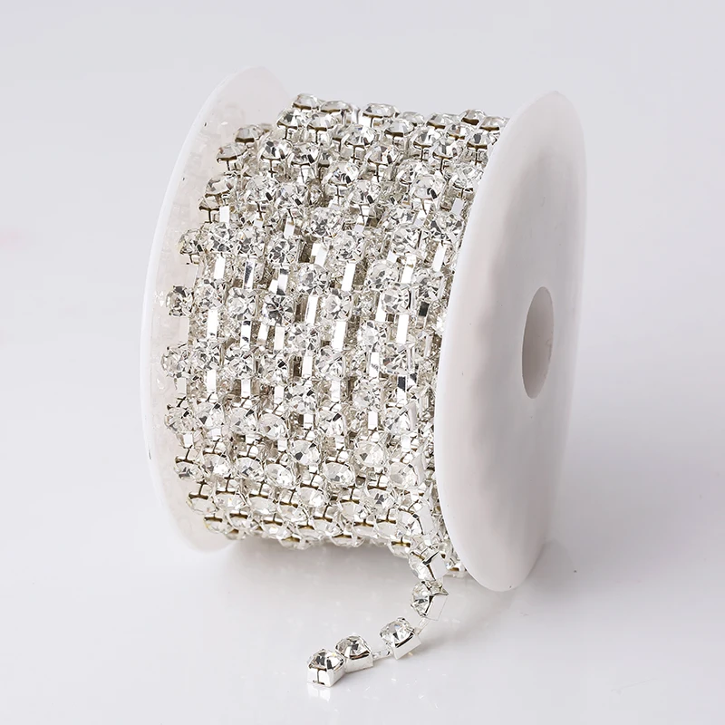 RESEN SS28 6mm 10yards/lot Crystal AB Rhinestone Chain Trim 28ss Glass Strass Trimming Yard Rhinestone Cup Chain Sliver Metal