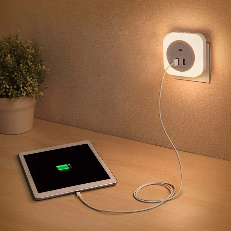 

LED Night Lights With Dual USB Port Charger Sensor Light Control Bedroom Wall Lamp Home Emergency Lights EU/US Plug Socket Lamps