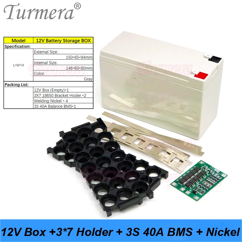 Turmera 12V 7Ah bis 20Ah Batterie-Aufbewahrungsbox 3X7 18650 Halter 3S 40A BMS mit Schweißnickel für Motorräder Ersetzen Sie die Blei-Säure-Nutzung
