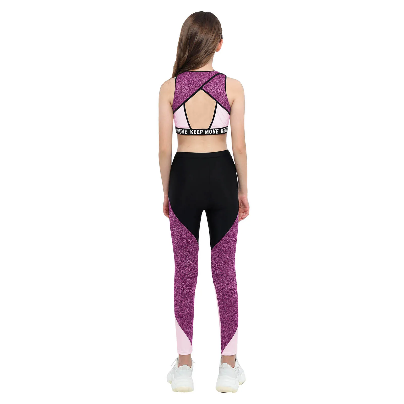 Kids Girls Fitness Workout Outfits Round Neck Tank Crop Tops with Sport Leggings Set for Badminton Running Hiking Workout