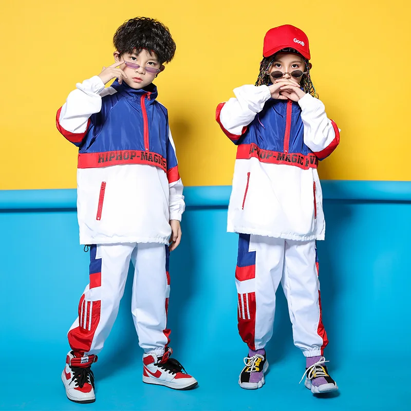 Kid Blue White Jacket Jogger Pants Hip Hop Clothing Clothes Jazz Dance Costume for Girls Boys Ballroom Dancing Streetwear