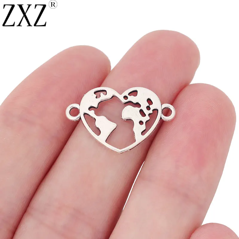 ZXZ 20pcs Tibetan Silver Tone Heart World Map Connector Charms for Bracelet Jewelry Making Findings 24x15mm