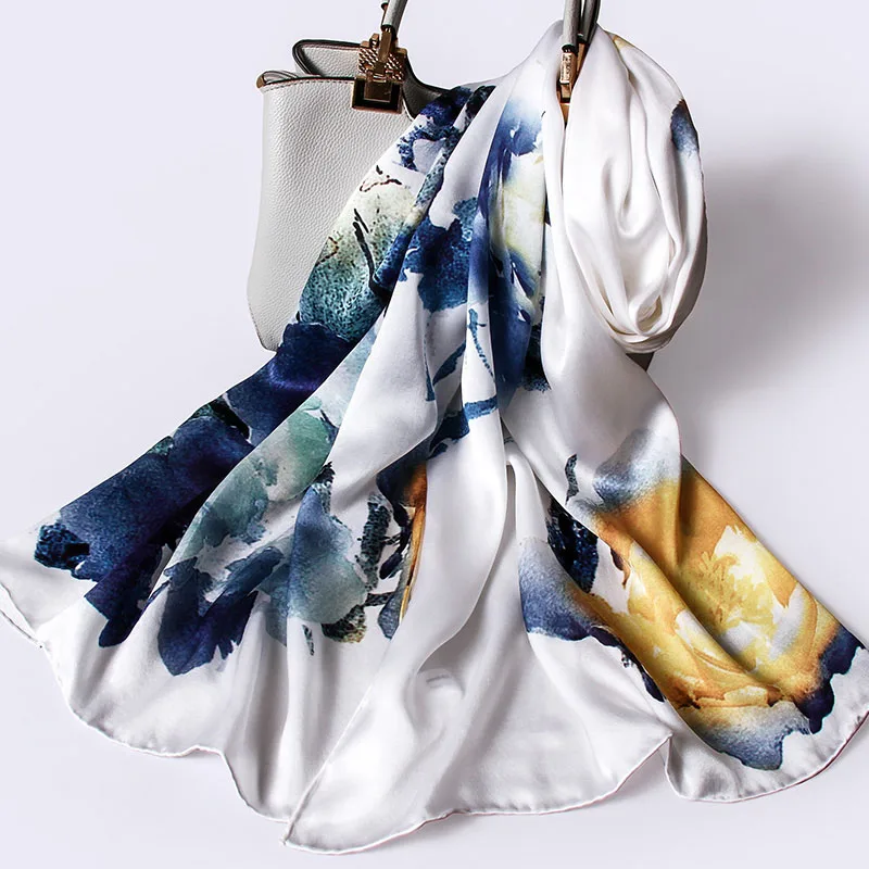 Bufanda larga de seda 100% auténtica para mujer, pañuelo de lujo con estampado de flores, bandana de seda china, chales de seda Natural, Foulard