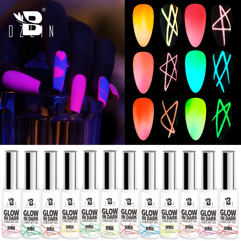 BOZLIN 12 Warna Glitter Dalam Gelap Liner Seni Gel 8Ml Rendaman UV/LED Neon Bercahaya Warna Gel Cat Kuku Alat Seni Kuku Desain Liner