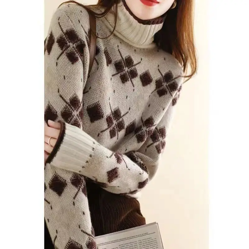 

2023 New Jacquard Loose Sweater Women's Temperament Autumn And Winter All-match Rhombic High Neck Wool Base Sweater Top