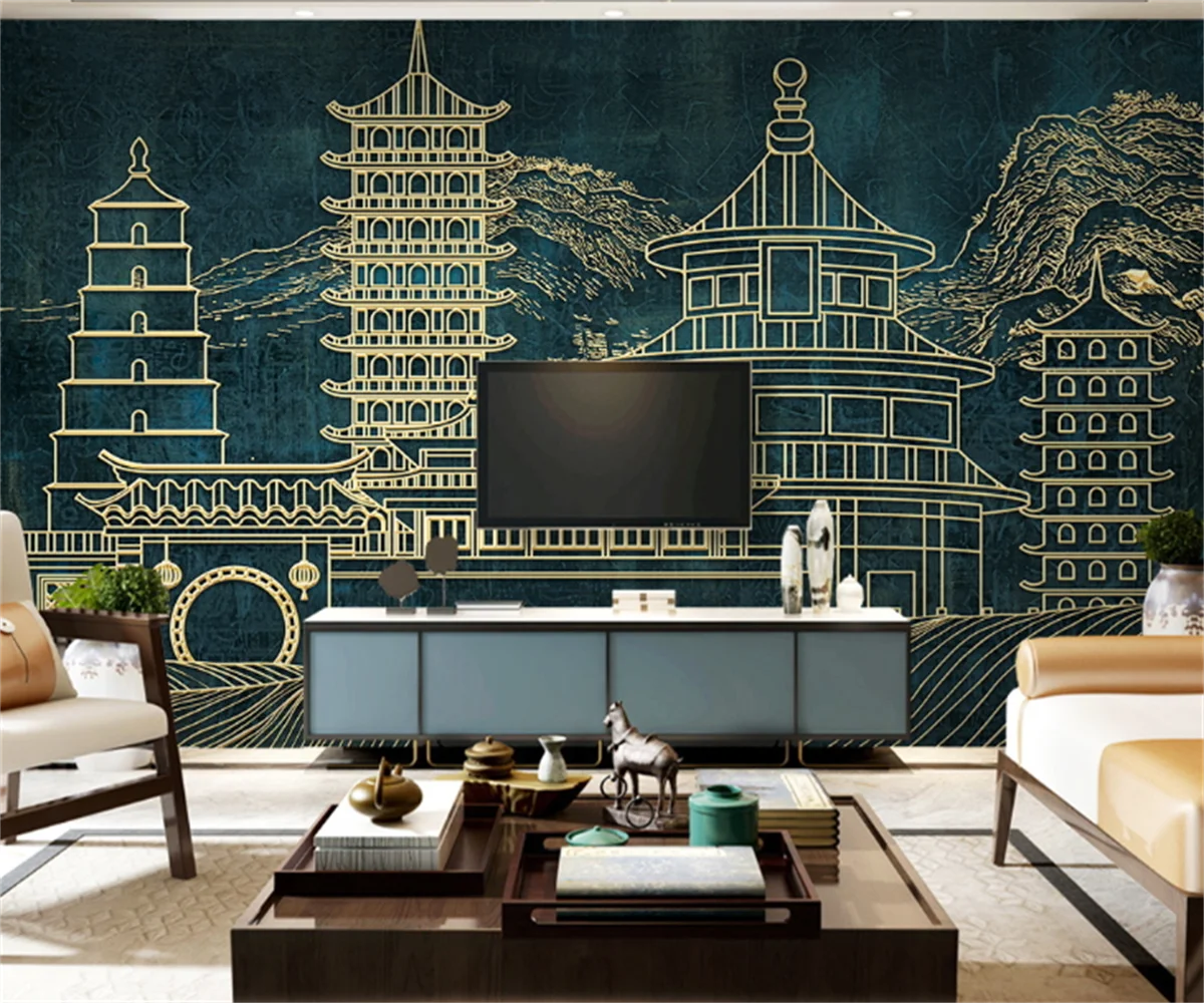 

Customize any size new Chinese golden embossed lines classical architecture background wall painting 3d wall stickers wallpaper