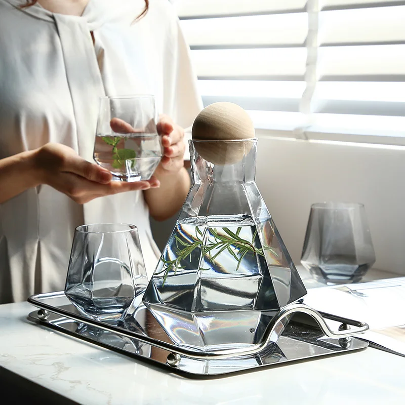 Crystal Glass Hexagonal Juice Pitcher Cup Set Cold Kettle Transparent Stained Glass Juice Jugs Diamond Tea Jug Kettles Teacup