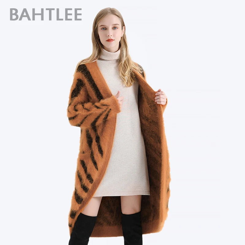 BAHTLEE-Women\'s Long Cardigans, Angora，Tiger Stripe, Leopard Pattern, Wool Knitted Coat, Open Stitch Jumper, Winter