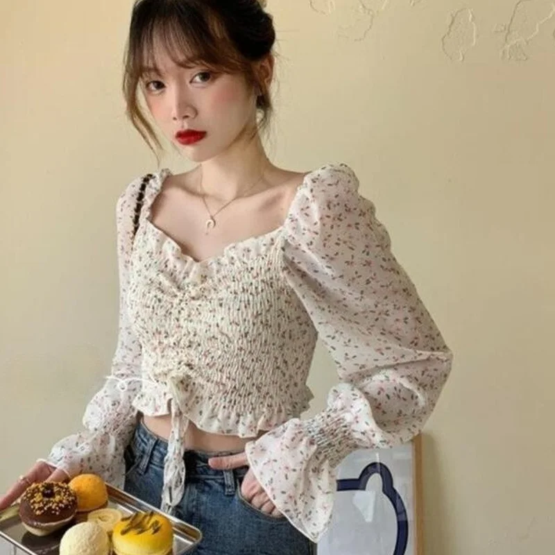 Blouses Women Elegant Square Collar Shirring Cropped Sexy Bodycon 3 Colors Ulzzang Floral Party Casual Fashion Ladies Sweet New