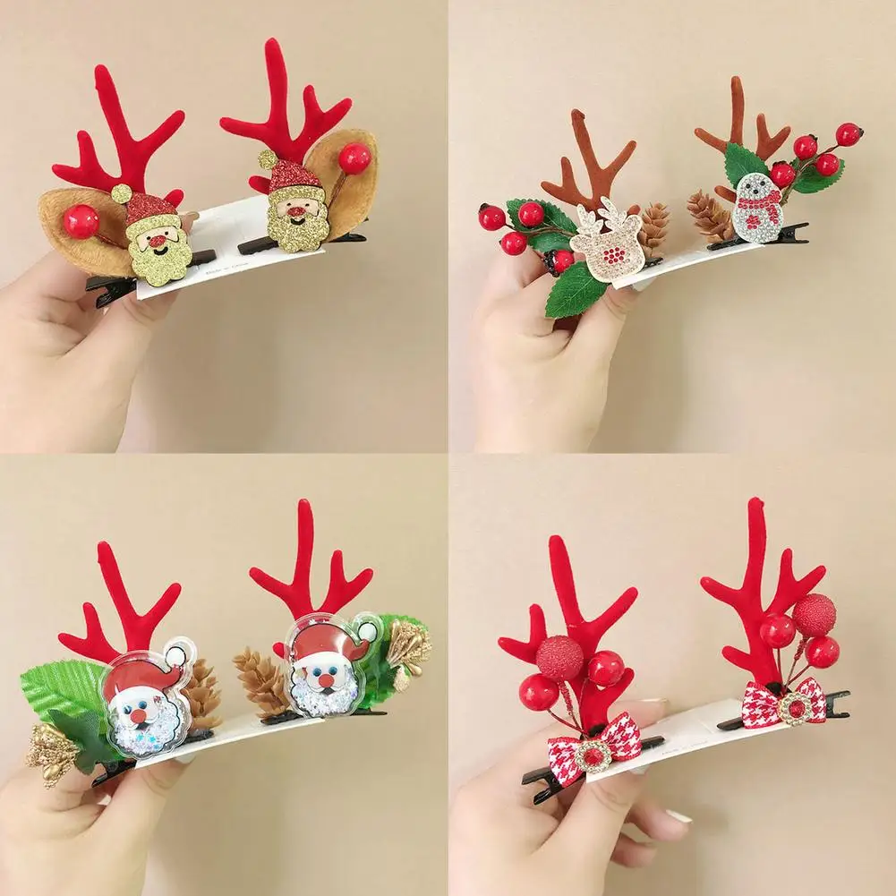 2pcs Christmas Cute Antler Hair Clips Deer Ear Hairpins Festival Snowman Santa Claus Moose Mushroom Headwear Hair Accessories