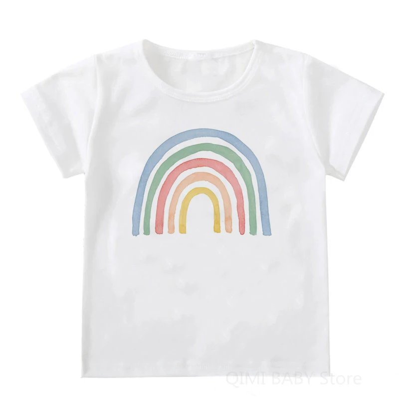 Camiseta branca de manga curta infantil, estilo casual, camiseta arco-íris fofa, roupas elegantes, meninos e meninas, verão