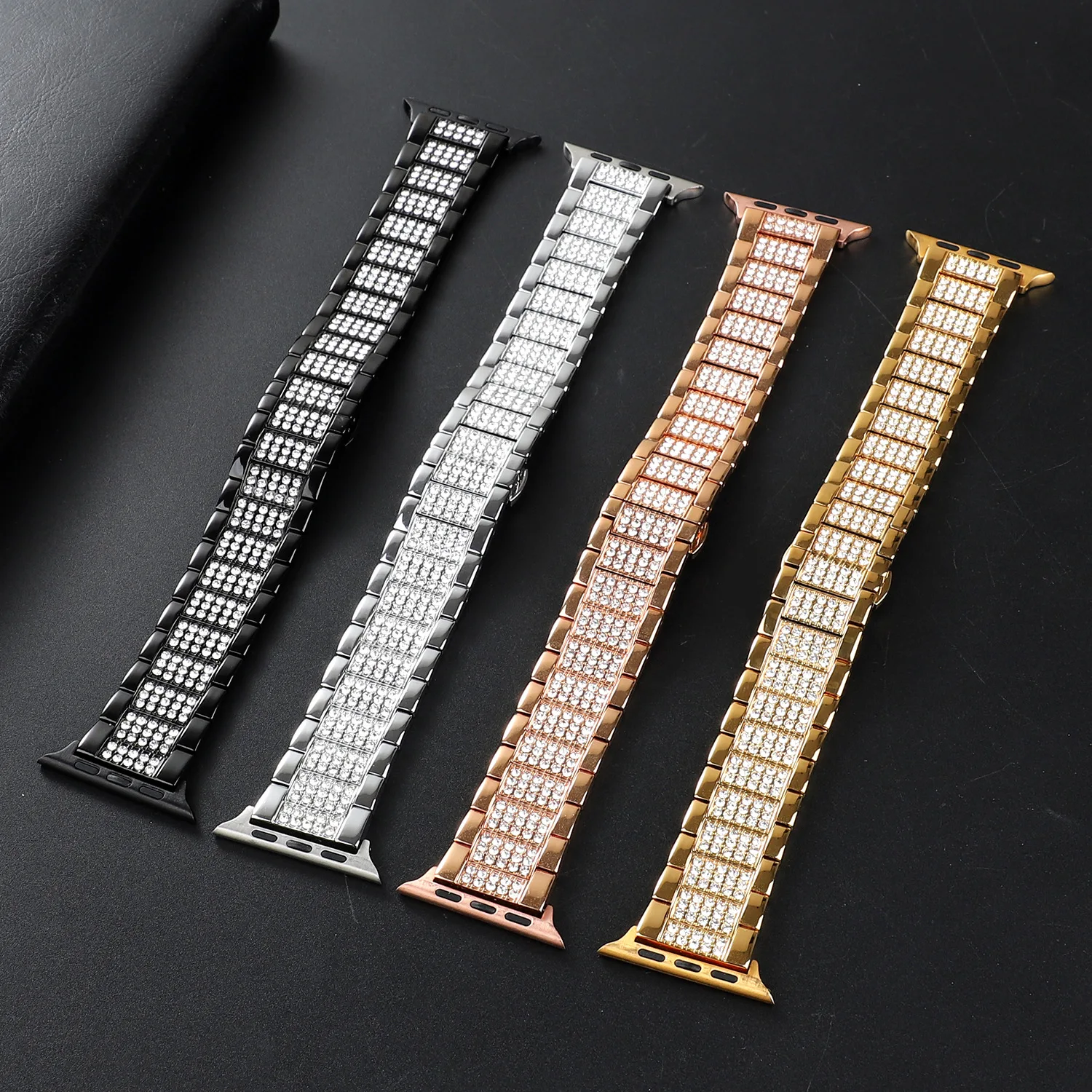 Stainless Steel Bracelet For Apple Watch Band 44mm 40mm Three Beads With Diamond Metal Strap For iwatch Series se 6 5 4 3 A80