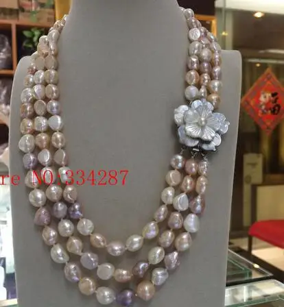 New Elegant lady\'s big 3row 9-10mm baroque white freshwater pearl necklace 18-19-20\