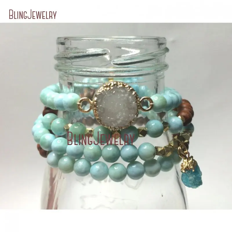 BM31734 Sandalwood Amazonite Stone Stretch Bracelet Boho Beaded Stacking Ocean Blue Beads Dainty Minimal Jewelry for Women