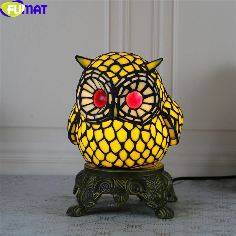 FUMAT Tiffany Style Night Light Stained Glass Strigiformes Yellow Blue Green Bird Art Handcraft Home Table Decorative Desk Lamp