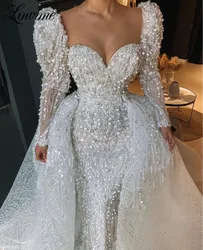 Lowime Dubai Design Long Luxury Ivory Evening Dresses 2021 Mermaid Pearls Sequins Women Celebrity Dress Muslim Arabic Party Gown