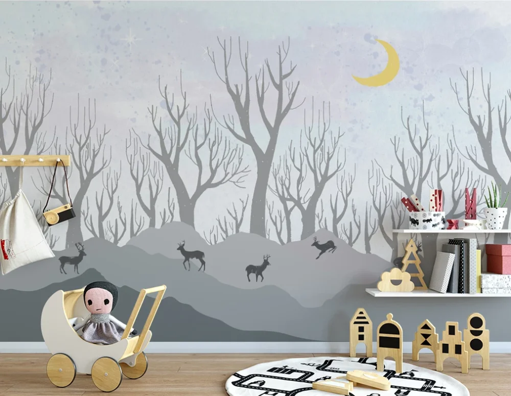

Custom wallpaper mural Nordic minimalist elk forest children's room background wall paper mural