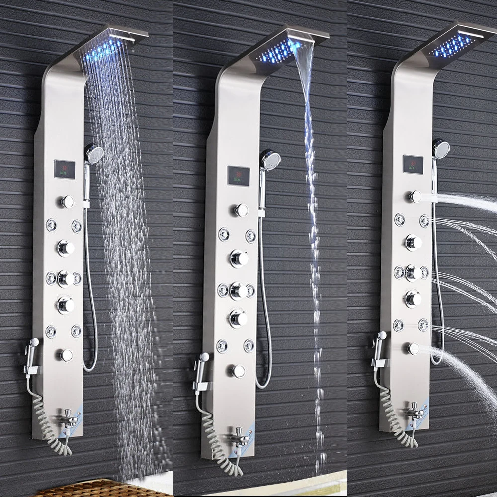 Bathroom LED Light Shower Faucet Waterfall LED 6 Functions Shower Panel Column Waterfall Shower Panel Sprayer Wall Mounted