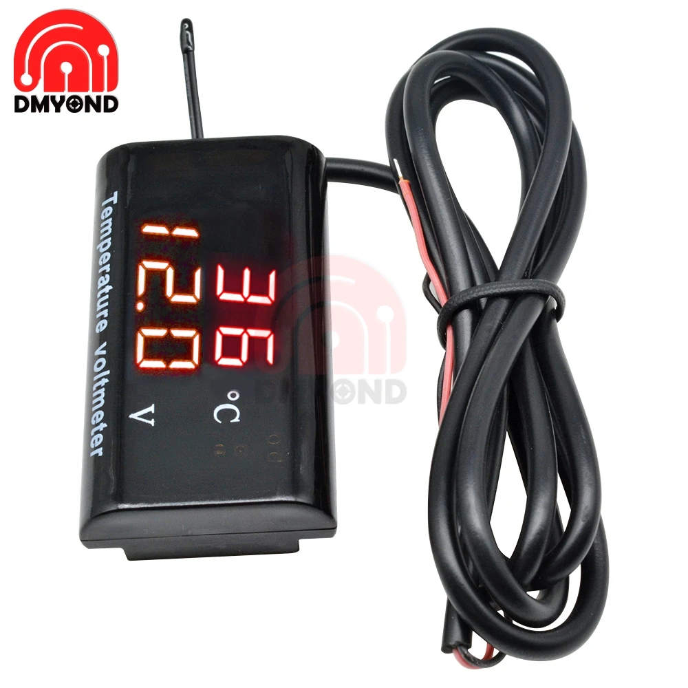 DC 12V 0.28 Inch Voltage and Temperature Motorcycle Car Dual IPX6 Waterproof Digital LED Display Waterproof Panel Meter Red-Red