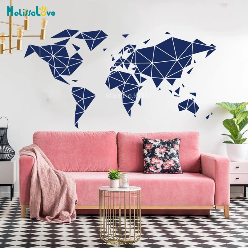 Geometric World Map Kids Room Decor Travel Global Wall Art Nursery Office Classroom Preschool Stickers BA921