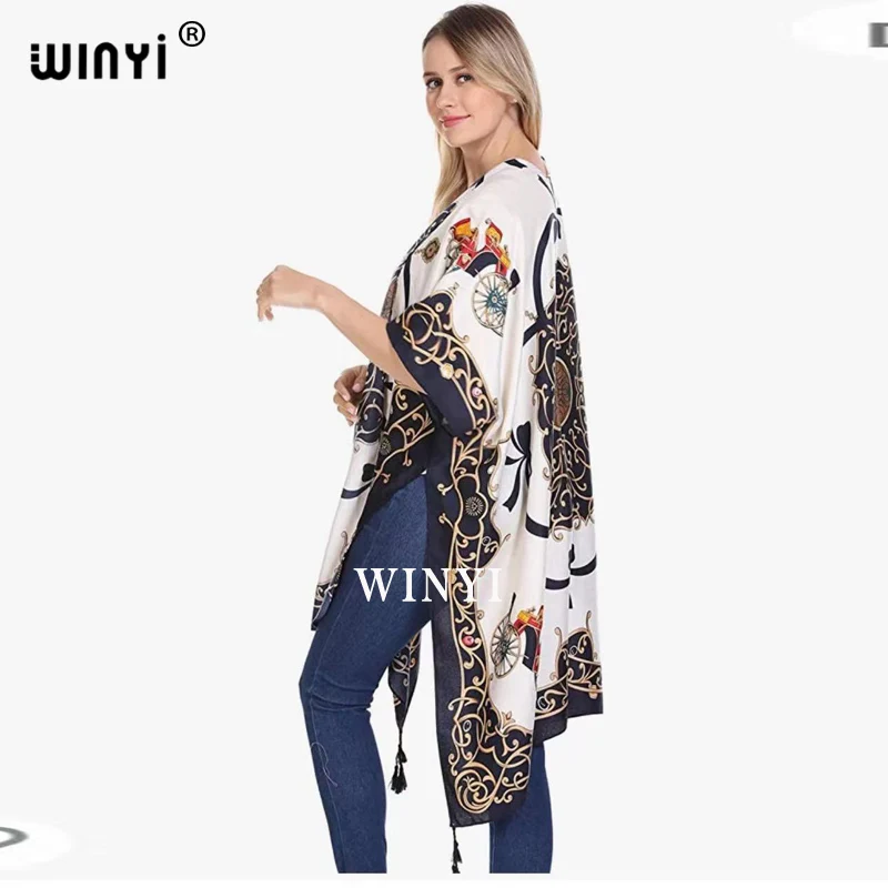 2021 WINYI Cotton Bikini Sweet Lady Pink Boho Print Self Belted Front Open Kimono Dress Beach Tunic Women Wrap MAXI Dresses