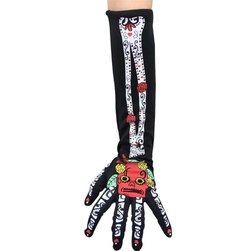 Colorful Skull Skeleton Long Gloves Men Women Halloween Cosplay Accessories Full Finger Mittens guantes