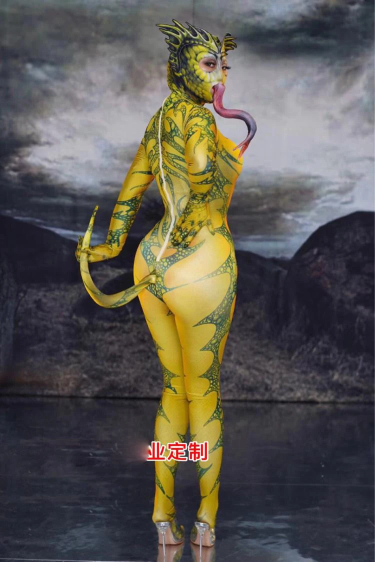 Nightclub bar female singer dance team Halloween lizard print jumpsuit costume