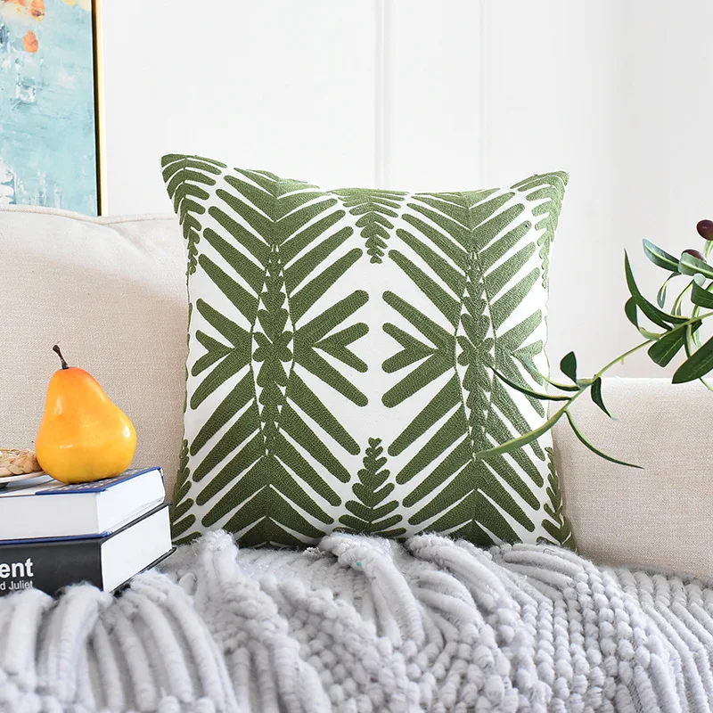 Embroidery Cushion Cover Green Geometric Leaves Moroccan Pillow Case with Embroidered For Sofa Seat Simple Home Decor 45cm*45cm