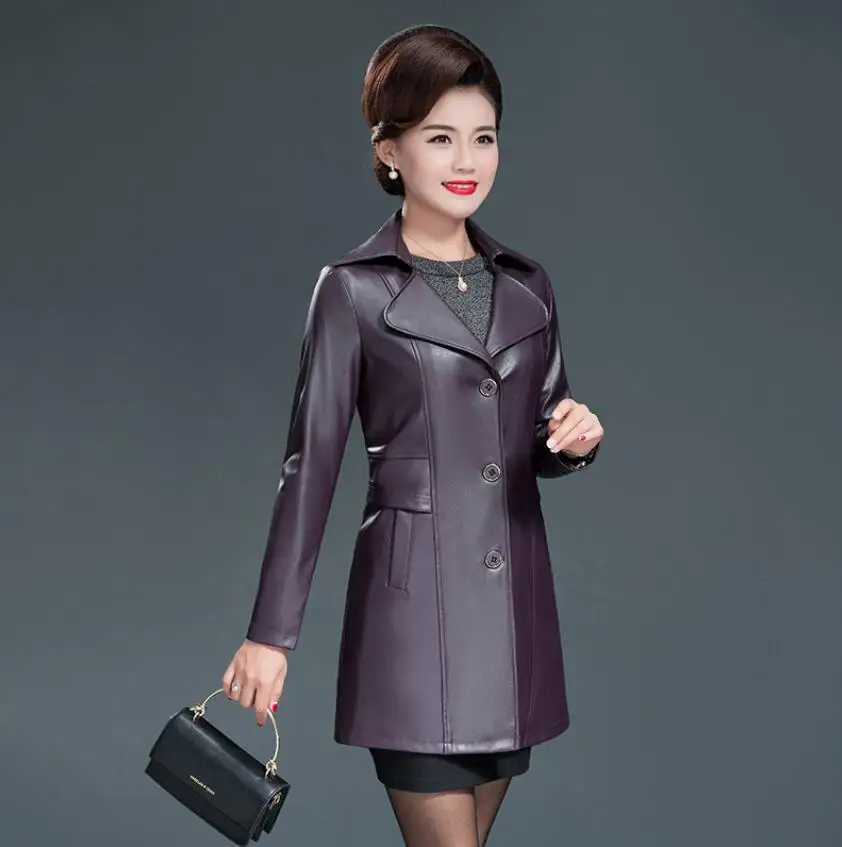 New Autumn PU Leather Jacket For Middle Age Women Elegant Casual Lapel Long Sleeve Slim Faux Leather Outwear s1672