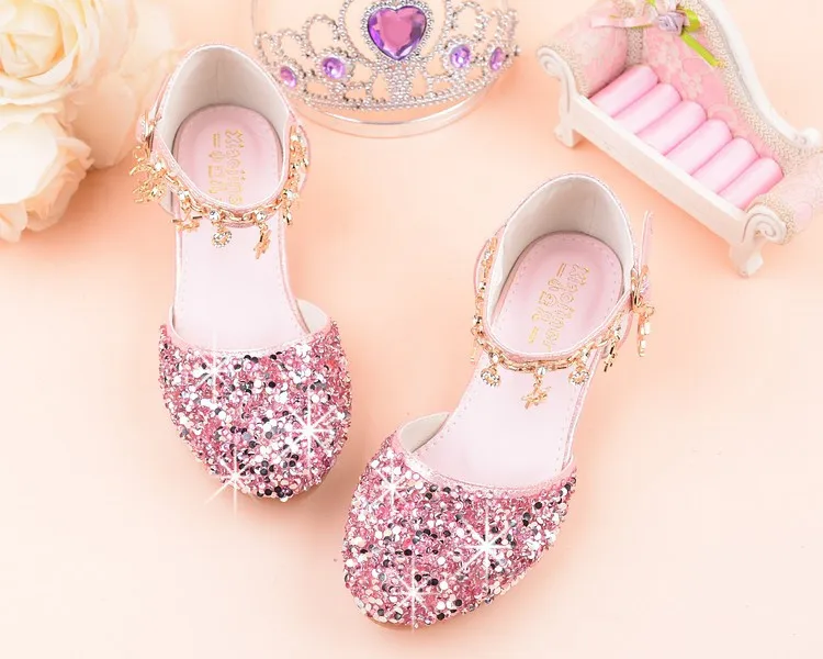 Kids Princess Girls Sandals Glitter Shiny Rhinestone Butterfly Student Party Dance Shoes  Children Summer High Heel