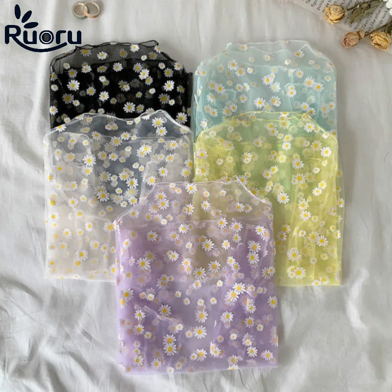 Ruoru New Summer Daisy Flower Print Mesh T Shirt Women Korean Long Sleeve Fishnet T Shirt Tops Kawaii Clothes Female Mesh Top