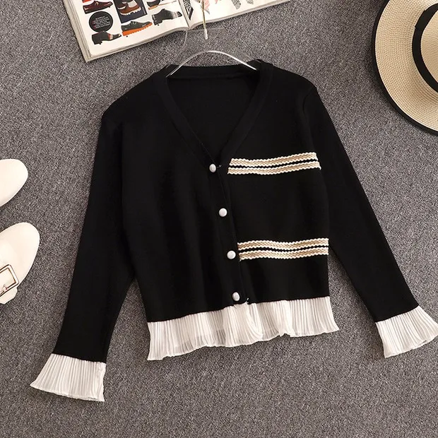 Korean New Knitted Pants Set 2019 Chic V-neck Cardigan Tops Trim Hem Ruffled Sweater and Wide leg pants 2 Piece Set Female