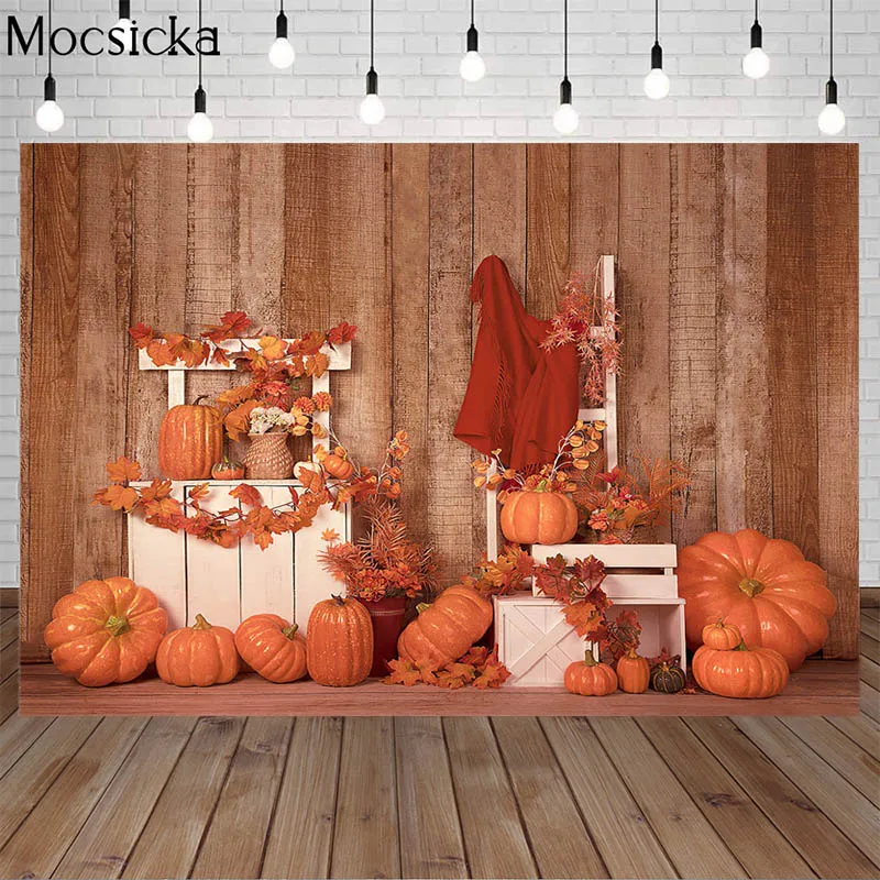 

Autumn Thanksgiving Backdrop Fall Wooden Board Harvest Backdrop Pumpkin Maple Leaf Birthday Portrait Background For Photo Studio