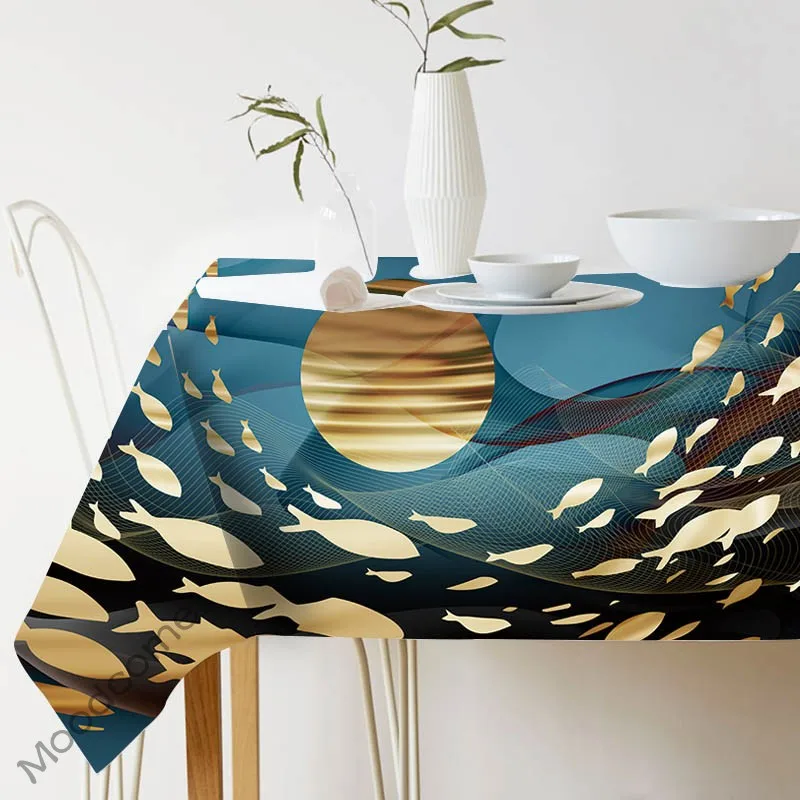 Dreamlike Matallic Geometry Gold Whale Deer Fish Modern Art Cotton Linen Table Cloth Summer Navy Blue Nordic Linen Desk Cover