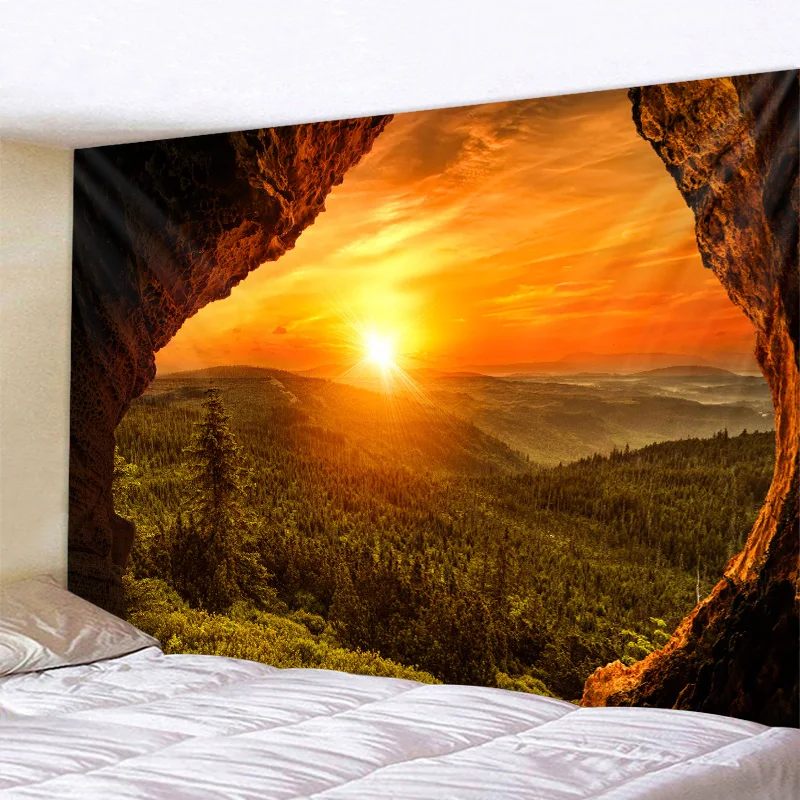 Rock cave sunrise 3d printing tapestry reef rock cave sea view wall hanging living room bedroom hall tapestry mural 6 sizes