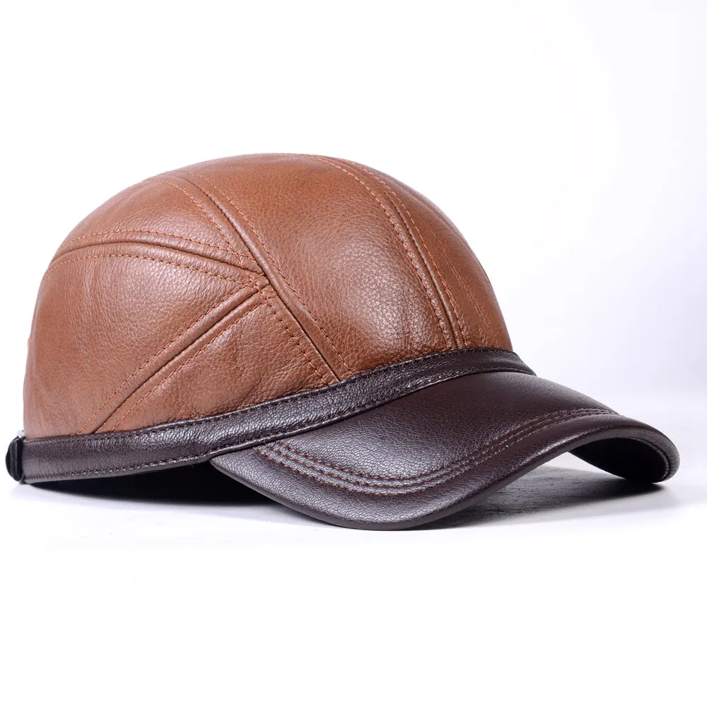 

Women's Men's Real Leather Unisex Winter Warm Ear Muff Flap Cowhide Adjustable Military Baseball Golf Caps/Hats