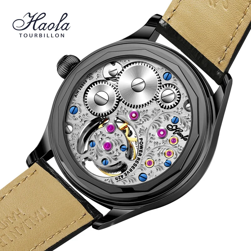 Haofa Manual Skeleton GMT Tourbillon Movement Watch for Men Rotating Sapphire Mechanical Watches Mens Day And Night Casual 1036