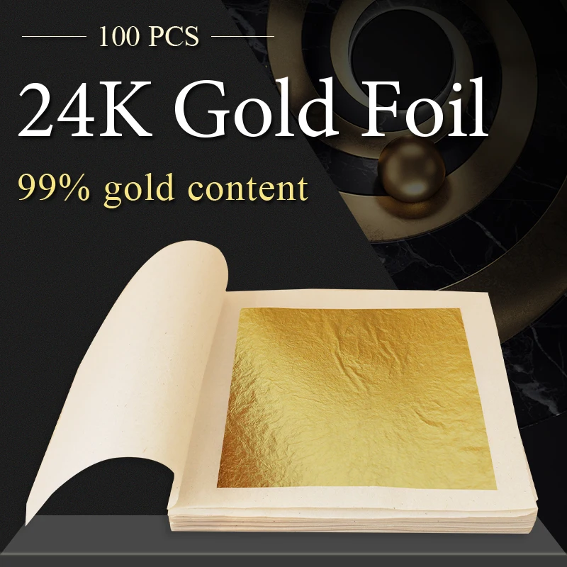 

Genuine Gold Leaf Sheets Gold Flakes Foil 100pcs Practical 24K Gold In Craft Paper Arts Cake Decoration Wall Handicrafts Gilding