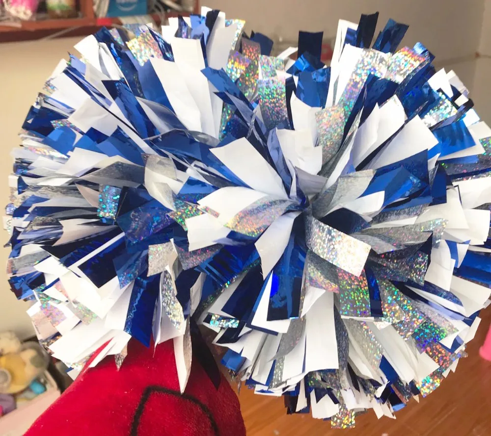 Professional Cheerleader Pom Poms, Metallic, Light Blue, Black, White, Custom Color, 1 Pc