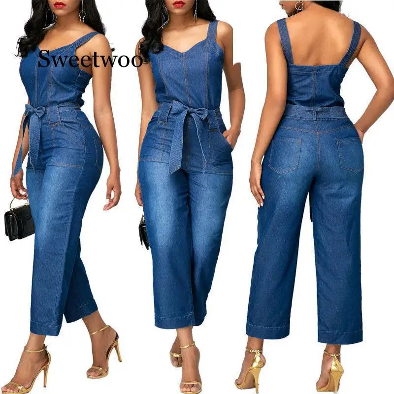 Solid Fashion Plus Size Jumpsuits Romper Denim Office Lady  Overalls for Women Spaghetti Strap Sleeveless