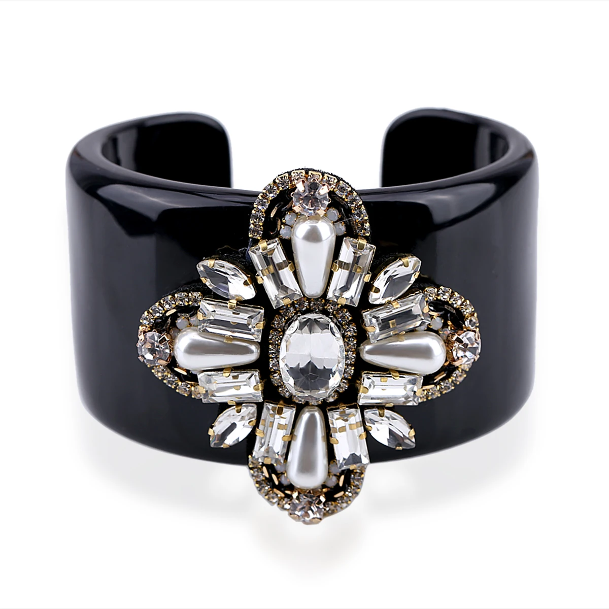 HAHA&TOTO Trendy Black Resin Bangle Cuff Bracelet Inlaid Handmade Crystal Beaded Flower Statement Bracelet Women Jewelry 3297