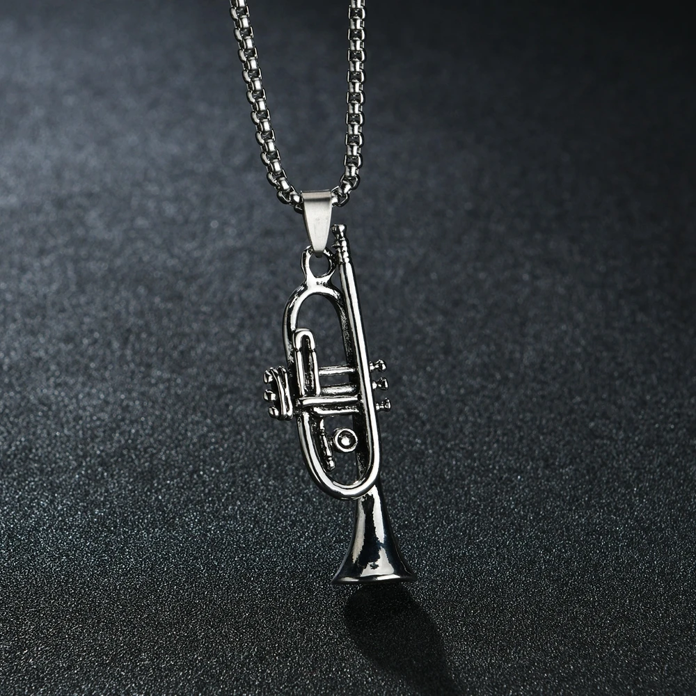 Classic Saxophone Men Necklace Stainless Steel Chain Trumpet Pendant Necklace For Men Jewelry Gift Belgium Musical Instruments