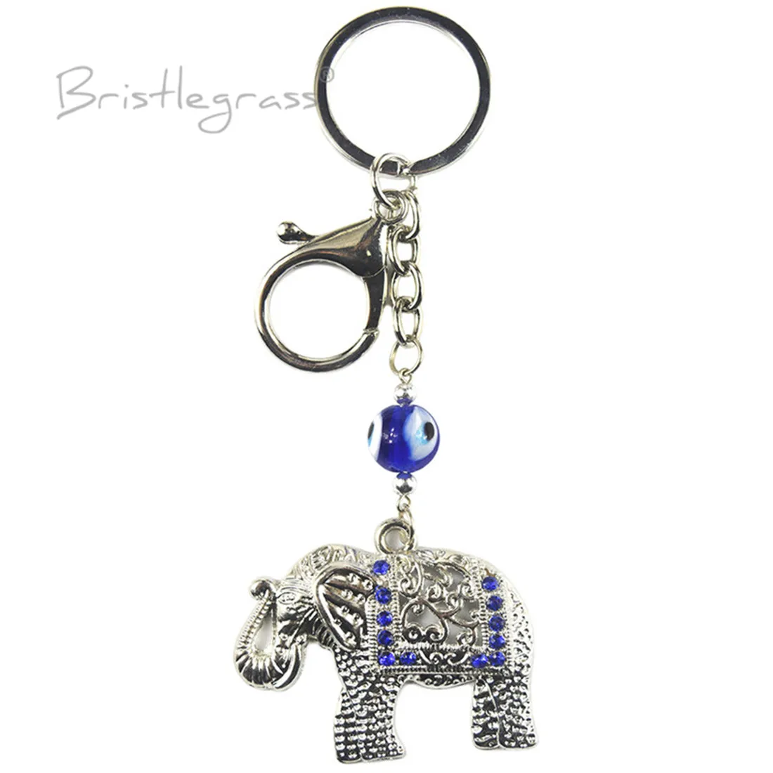 BRISTLEGRASS Turkish Blue Evil Eye Rhinestone Elephants Keychain Key Chain Ring Holder Amulets Lucky Charm Blessing Pendant Gift