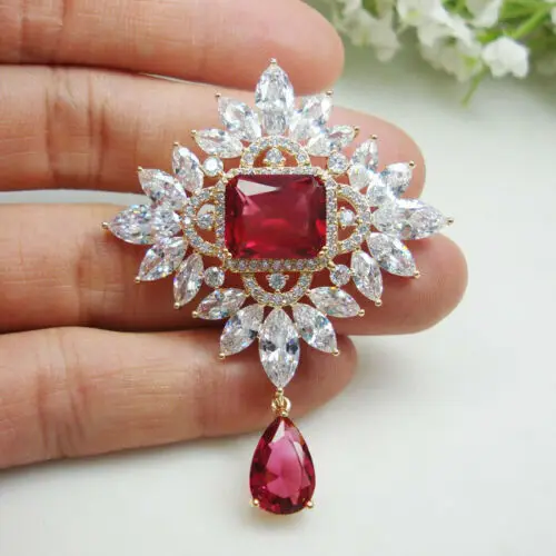 

Classic Red Hot Pink Flower Teardrop Zircon Crystal Woman Brooch Pin Pendant