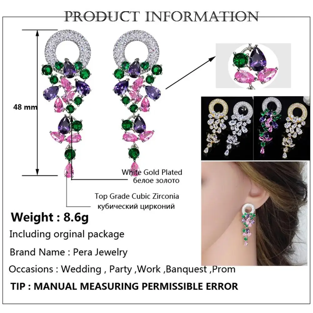 Pera Trendy Bohemia Jewelry Big Circle Round Cubic Zirconia Long Colorful CZ Leaf Dangle Drop Earrings for Women Party Gift E317